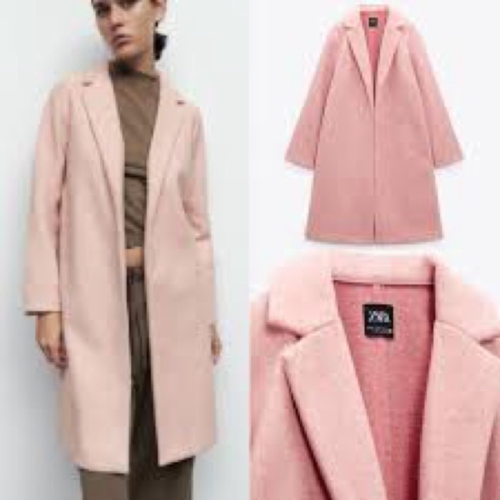 ZARA Soft Pink Wool Blend Long Coat | Pastel Minimalist Open Front Duster Small - Picture 10 of 11